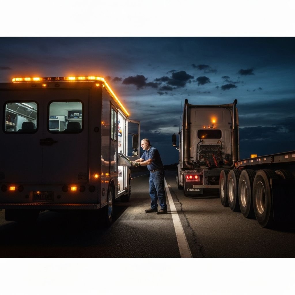 Mobile roadside assistance truck helping a stranded semi truck on the highway at night
